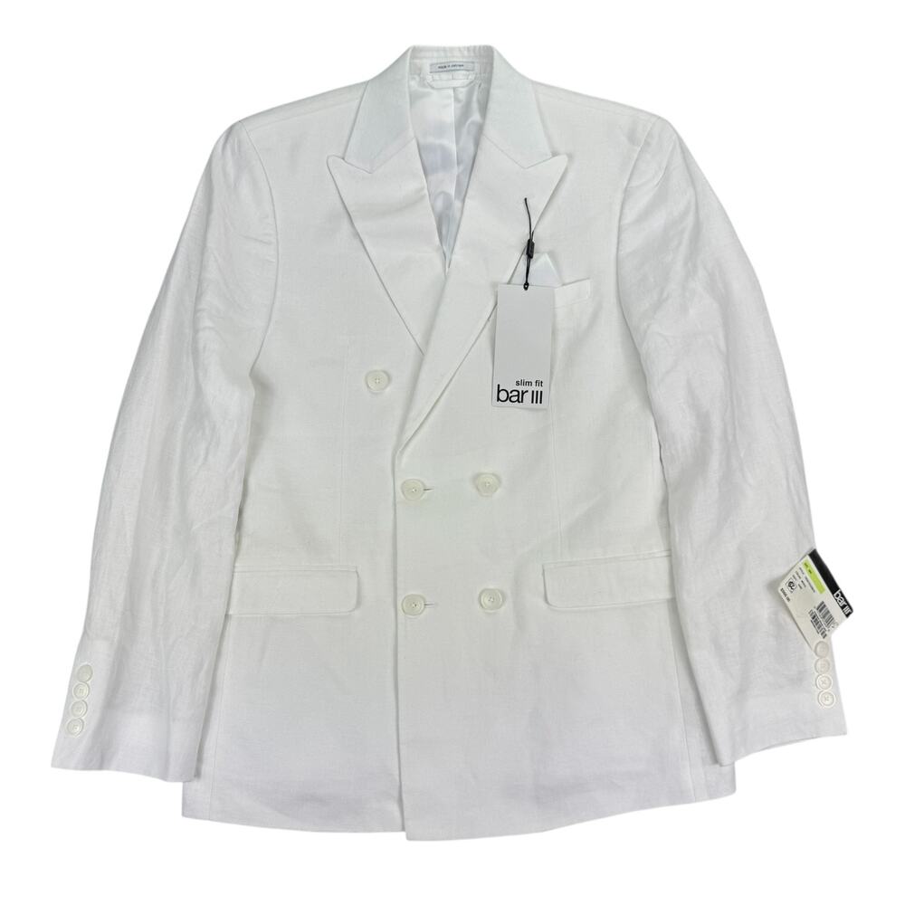 Bar III Mens Slim Fit 100% Linen Double-Breasted Suit Jacket White 38R
